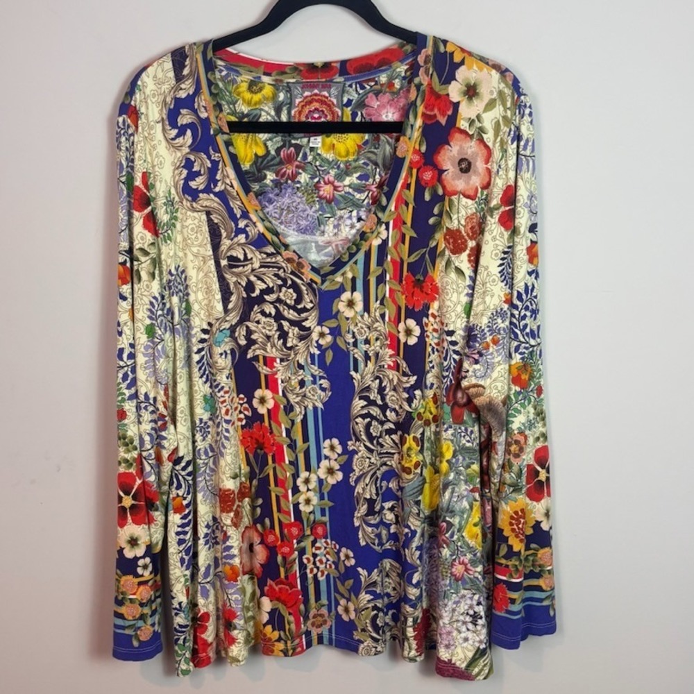 Johnny Was Wild Flower Favorite Long Sleeve V-Neck Swing Tee Womens sz XL Boho